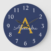 ネイビーブルーモダン金ゴールドスガーリークリプト名 ラージ壁時計 (正面)