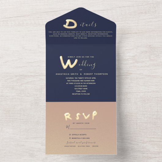 ネイビーブルーモダン金ゴールド結婚タイポグラフィ写真 オールインワン招待状 (内側)