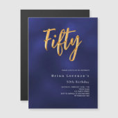 ネイビーブルーモダン金ゴールド50歳の誕生日ラグジュアリー マグネット招待状 (正面/裏面)