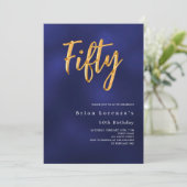 ネイビーブルーモダン金ゴールド50歳の誕生日 招待状 (スタンド正面)