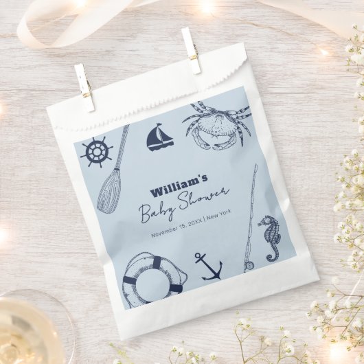 ネイビーブルーモダン魚釣りボーイエレガントベビーシャワー フェイバーバッグ (クリップ留めされた状態)