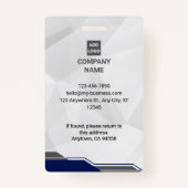 ネイビーブルーモダン&シルバーID、写真&バーコード バッジ (裏面)