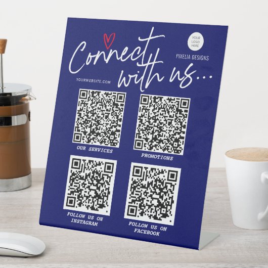 ネイビーブルーモダンQRコードSNSトレンディー標識 台座サイン (インサイチュ)