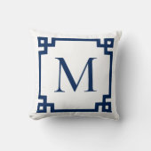 ネイビーブルーモノグラムのギリシャ鍵縁ど クッション (正面)