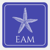 ネイビーブルーモノグラムの沿岸白ヒトデ スクエアシール (正面)