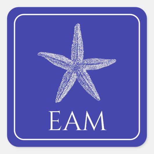 ネイビーブルーモノグラムの沿岸白ヒトデ スクエアシール (正面)