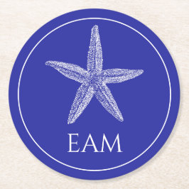 ネイビーブルーモノグラムの沿岸白ヒトデ ラウンドペーパーコースター