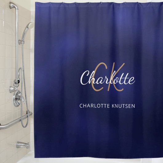 ネイビーブルーモノグラムイニシャル名 シャワーカーテン