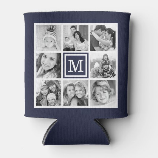 ネイビーブルーモノグラムインスタグラムフォトコラージュ 缶クーラー (正面)