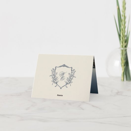 ネイビーブルーモノグラムクレストクラシックエレガントウェディング サンキューカード (裏面)