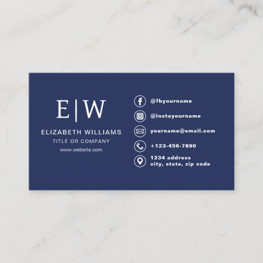 ネイビーブルーモノグラムミニマリストソーシャルメディアのアイコン 名刺 (正面)
