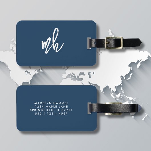 ネイビーブルーモノグラムモダンスクリプトイニシャル ラゲッジタグ