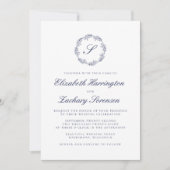 ネイビーブルーモノグラムリース結婚スクリプト 招待状 (正面)