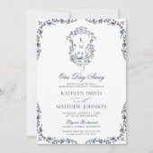 ネイビーブルーモノグラムヴィンテージクレストワンデイ遠くに 招待状 (正面)