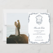 ネイビーブルーモノグラムヴィンテージクレスト日付の保存 マグネット招待状 (正面)