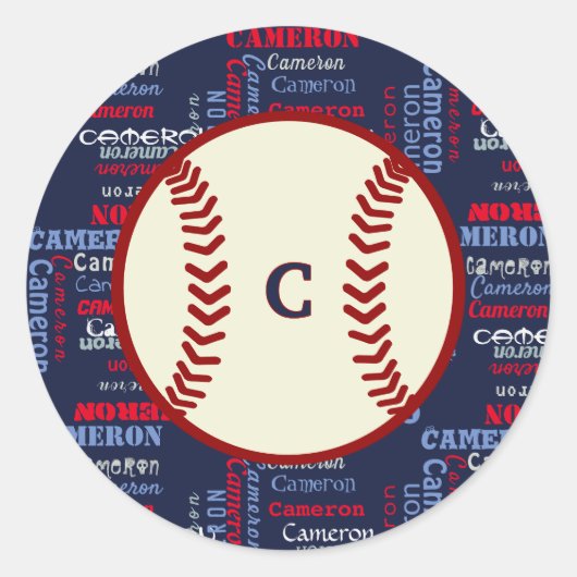 ネイビーブルーモノグラム名ギフトキッズボーイズ野球C ラウンドシール (正面)