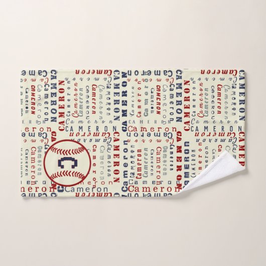 ネイビーブルーモノグラム名ギフト子供へ野球 バスタオルセット (ハンドタオル)