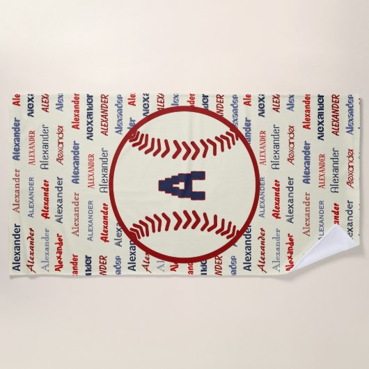 ネイビーブルーモノグラム名ギフト野球子供へ場 ビーチタオル (正面)