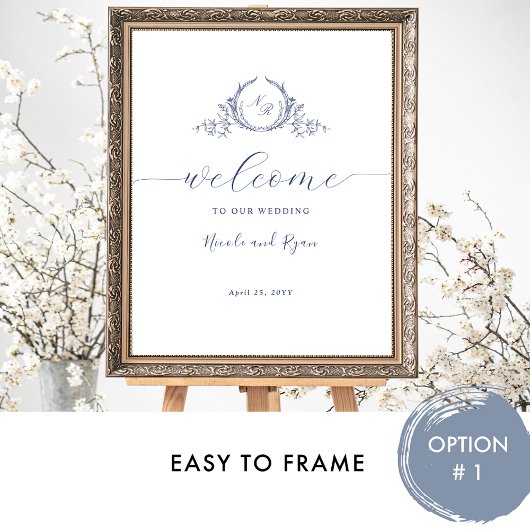 ネイビーブルーモノグラム結婚の歓迎サイン ポスター