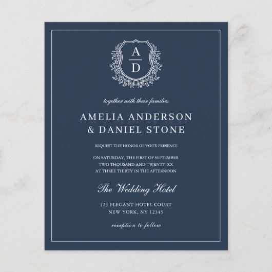 ネイビーブルーモノグラム結婚のQRコード招待状 (正面)