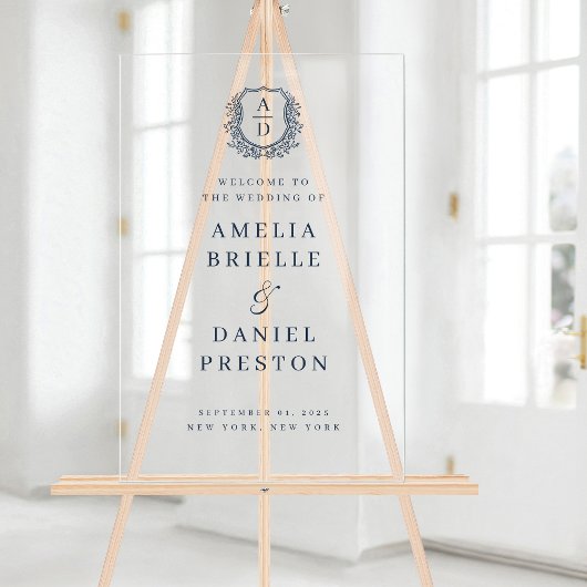 ネイビーブルーモノグラム結婚クレストのウェルカムサイン アクリルサイン