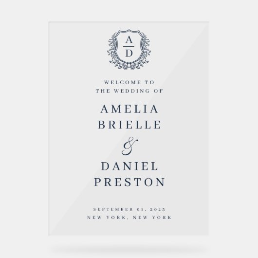 ネイビーブルーモノグラム結婚クレストのウェルカムサイン アクリルサイン (正面)