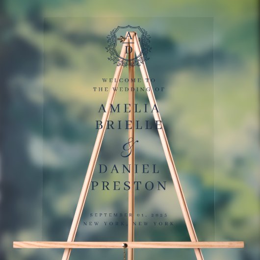 ネイビーブルーモノグラム結婚クレストのウェルカムサイン アクリルサイン (ニュートラル)