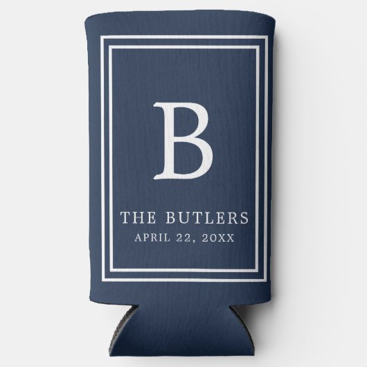 ネイビーブルーモノグラム結婚ズセルツァークーラーボックス スリム缶クーラー (正面)