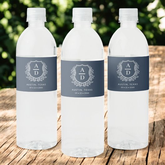ネイビーブルーモノグラム結婚ズフローラクレスト ペットボトルラベル