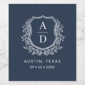 ネイビーブルーモノグラム結婚ズフローラクレスト ワインラベル (シングルラベル)