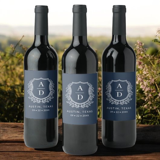 ネイビーブルーモノグラム結婚ズフローラクレスト ワインラベル