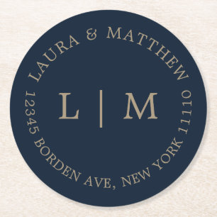 ネイビーブルーモノグラム結婚ズ ラウンドペーパーコースター