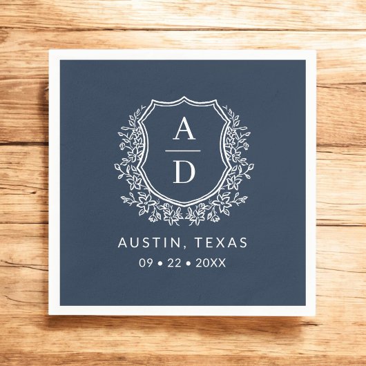 ネイビーブルーモノグラム結婚フローラクレスト スタンダードカクテルナプキン