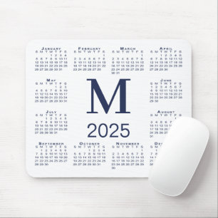 ネイビーブルーモノグラム2025カレンダー上の白 マウスパッド