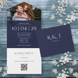 ネイビーブルーモノグラムQRコード写真結婚の日付 オールインワン招待状