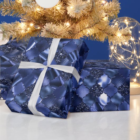 ネイビーブルーモロッコクローバーパターン ラッピングペーパー (クリスマス)