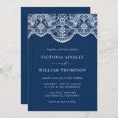 ネイビーブルーモロッコレースパターン結婚式招待状 招待状 (正面/裏面)