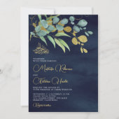 ネイビーブルーユーカリゴールドブランチイスラム結婚式 招待状 (正面)