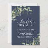 ネイビーブルーユーカリプトゥスグリーンリーブライダルシャワー 招待状 (正面)