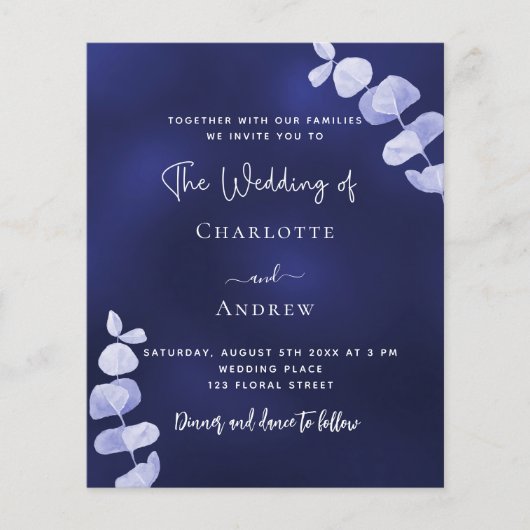 ネイビーブルーユーカリプトゥスブデ結婚式招待状 (正面)