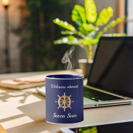 ネイビーブルーヨットボート名金ゴールドハンドル マグカップ