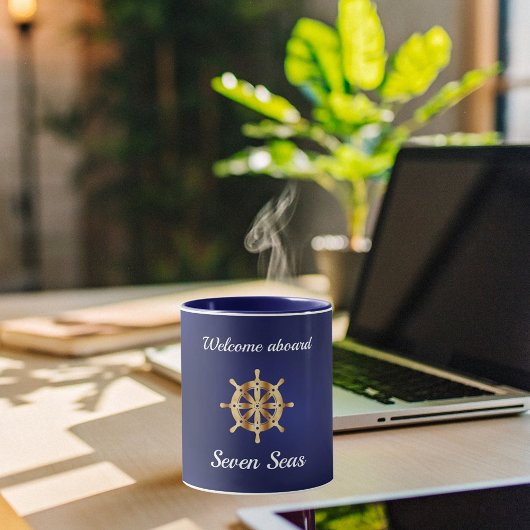 ネイビーブルーヨットボート名金ゴールドハンドル マグカップ