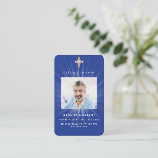 ネイビーブルーライトフォトクロス葬儀祈りの言葉カード 名刺 (スタンド正面)