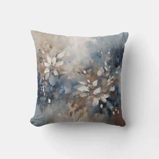 ネイビーブルーライトブルーブラウンモダンフローラ クッション (正面)