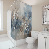 ネイビーブルーライトブルーブラウンモダンフローラ シャワーカーテン (インサイチュ)
