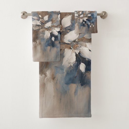 ネイビーブルーライトブルーブラウンモダンフローラ バスタオルセット (インサイチュ)