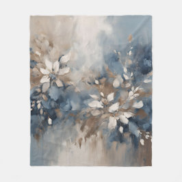 ネイビーブルーライトブルーブラウンモダンフローラ フリースブランケット
