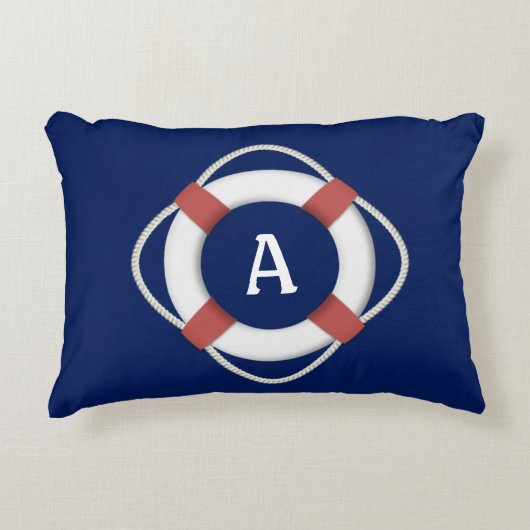 ネイビーブルーライフサ航海のーバーモノグラム アクセントクッション (正面)