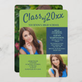 ネイビーブルーライムグリーン卒業パーティー招待状 招待状 (正面/裏面)