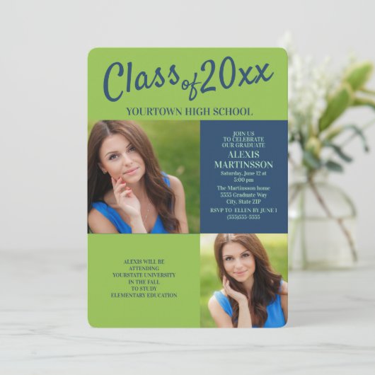 ネイビーブルーライムグリーン卒業パーティー招待状 招待状 (スタンド正面)